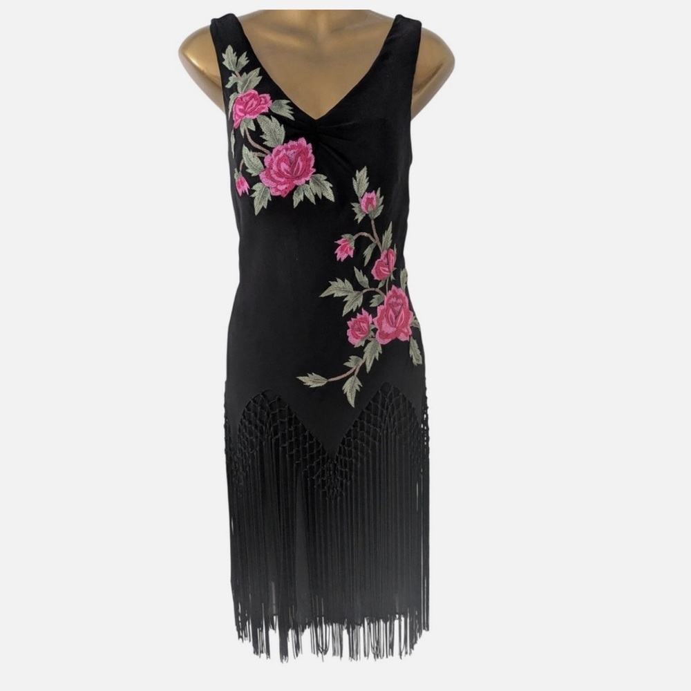 Sue Wong Vintage Y2K Black Silk Embroidered Fringed Dress | Size 4 - Picture 3 of 4